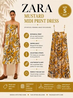 ZARA Mustard Floral Midi Dress Size S NWT Botanical Print Empire Waist Sundress